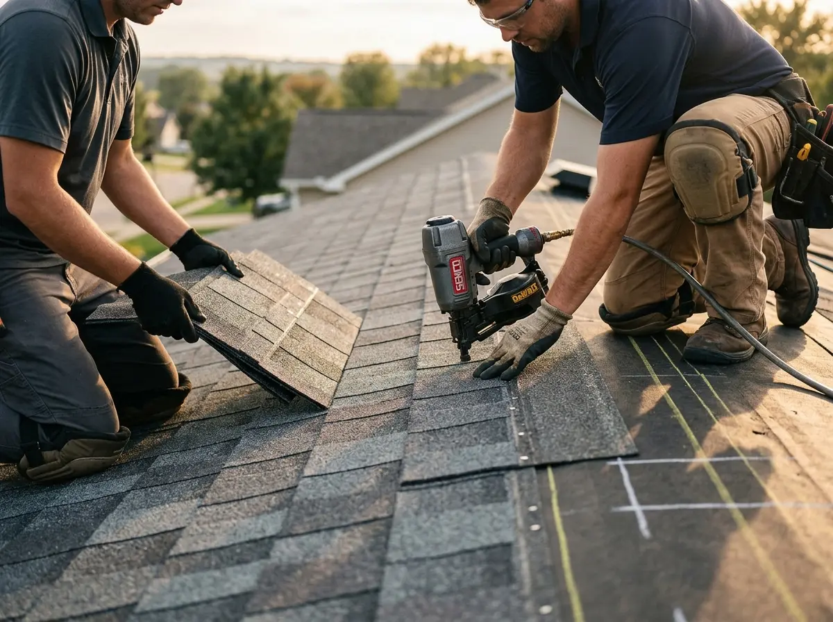 Professional roofer working on a residential roof in Andrews